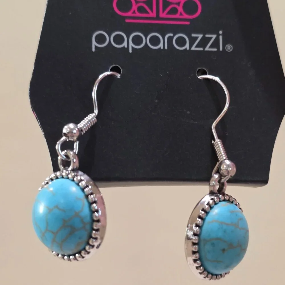 NOC Paparazzi Blue Marbled Round SW Style Silver Dangle Pierced Earrings NOS